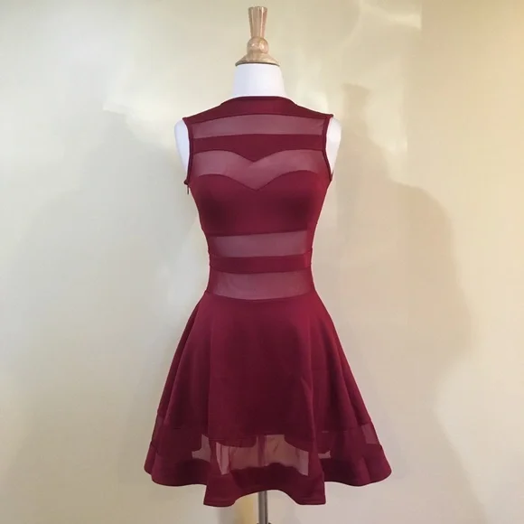 💥 SALE Sheer Mesh Peekaboo Sleeveless Skater Dress Burgundy - Picture 3 of 4